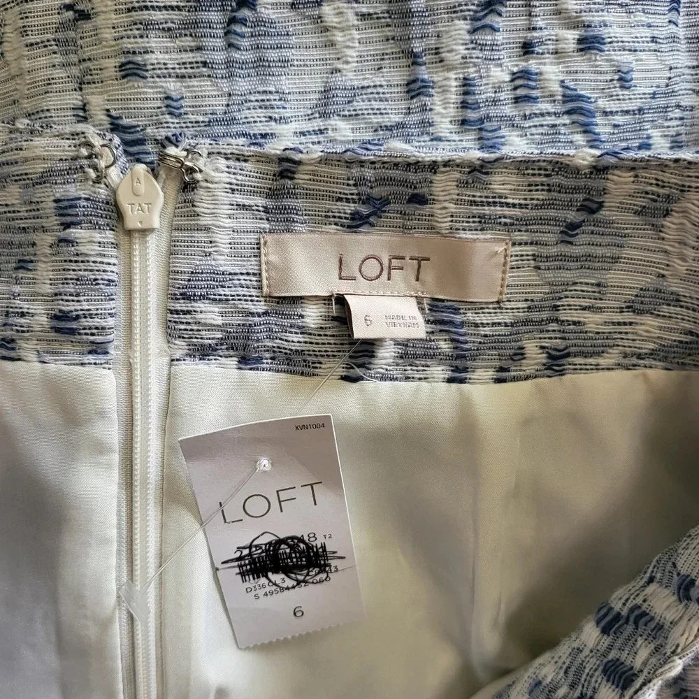 Loft Blue & White Tweed Woven Textured Pockets Back‎ Zip Preppy Mini Skirt 6 New